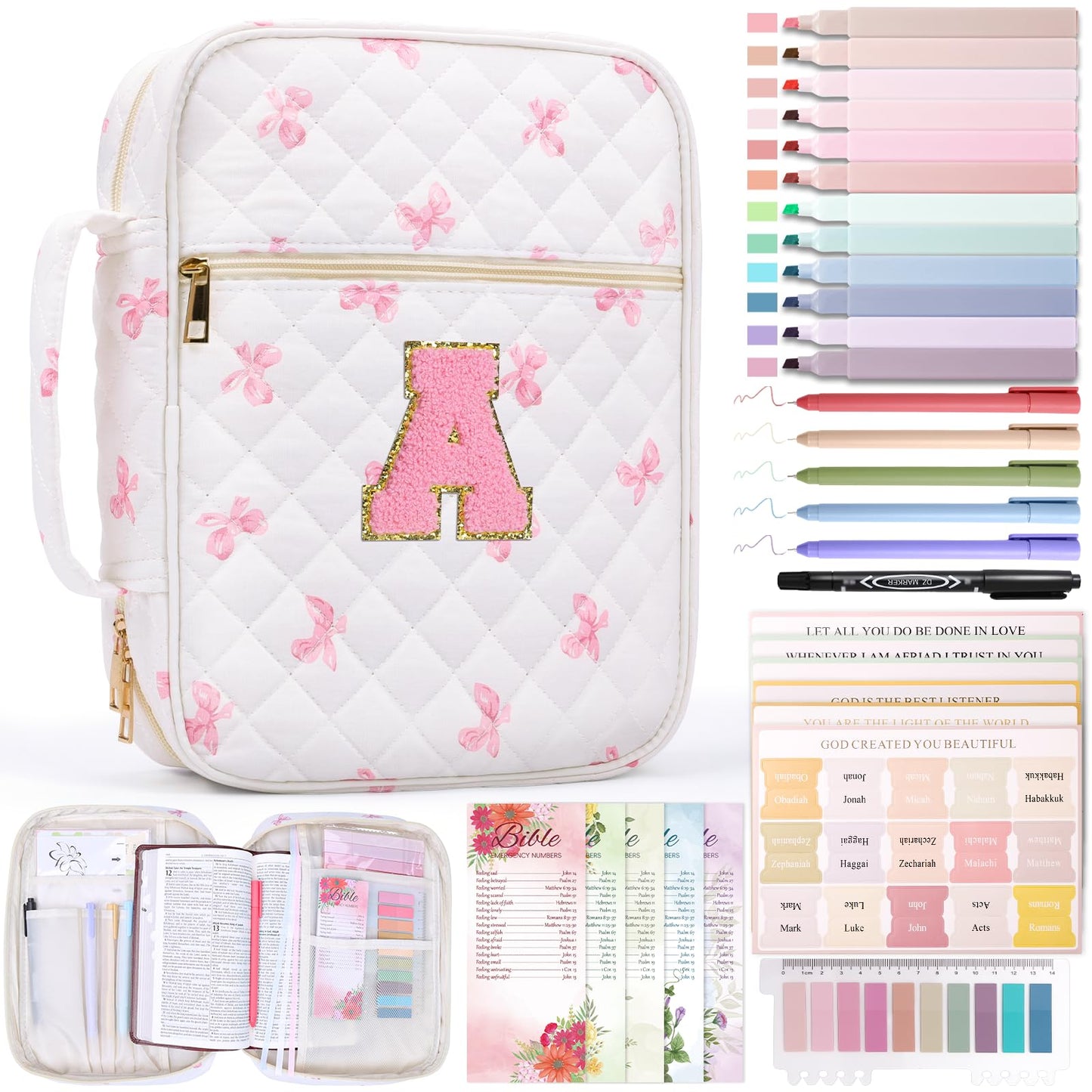 XKDOUS Bible Cover for Women Quilted Bible Bag Church Book Carrying Case with Letter A, Handle, Study Supplies Organizer Portable Church Book Carrier Christian Gifts for Mom, Lady