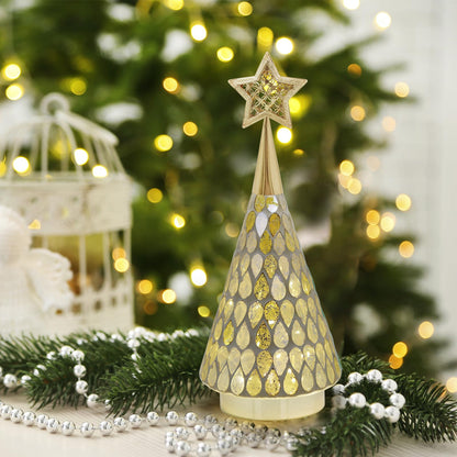 Mosaic Glass Christmas Tree Gold with Star, 3 PCS Small Tabletop Christmas Trees with Light, Battery Operated Xmas Tree for Bedroom Decor 11"