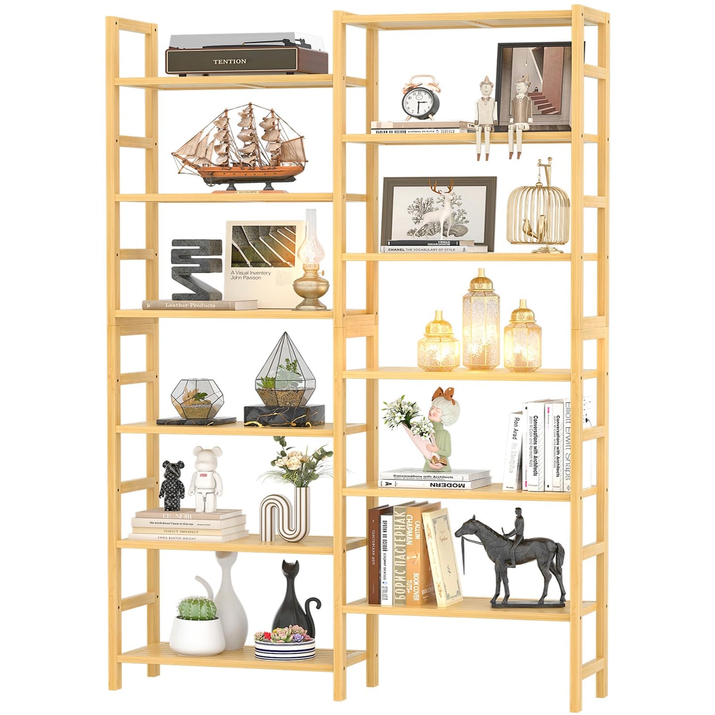 Homykic Double Wide Bamboo Bookshelf, 6-Tier Large Open Bookcase with 12 Display Shelves, 6ft Tall Freestanding Book Shelf for Home Office, Bedroom, Living Room, Plants, Natural