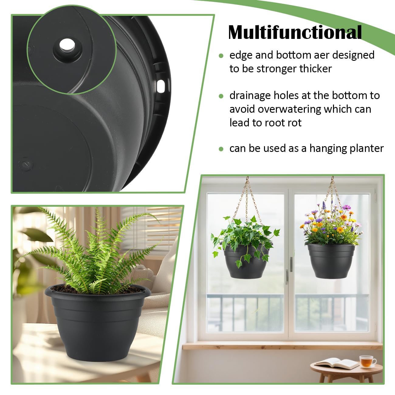 RooTrimmer 5 Pack 10 Inch Plant Pots Plastic Planters with Drainage Holes & Plugs,Lightweight Flower Pots for Indoor Outdoor Plants,Flowers,Monstera,Snake Plant,Home Garden(Black)