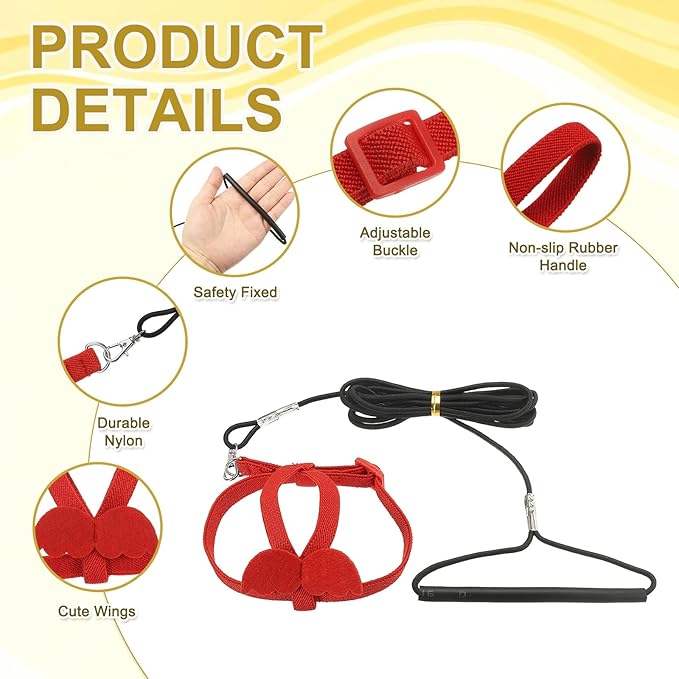 Bird Harness Leash, Adjustable Pet Parrot Bird Harness and Leash Lightweight Anti-Bite Flight Training Rope with Cute Wing, (Red, XS), Intended for Parrots/Pigeons/Budgies