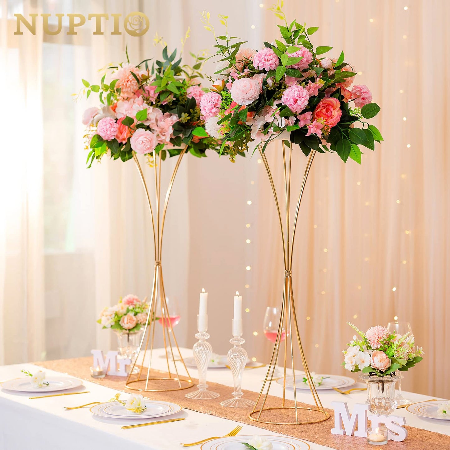NUPTIO 2 Pcs Gold Vases for Centerpieces, 31.1in Tall Metal Trumpet Vase, Road Lead for Wedding Party Dinner Centerpiece, Flower Stand for Christmas Anniversary Birthday Home Decoration
