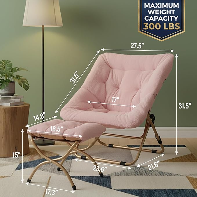 Tiita Folded Chair with Ottoman, Soft Faux Fur Oversized Folding Accent Chair