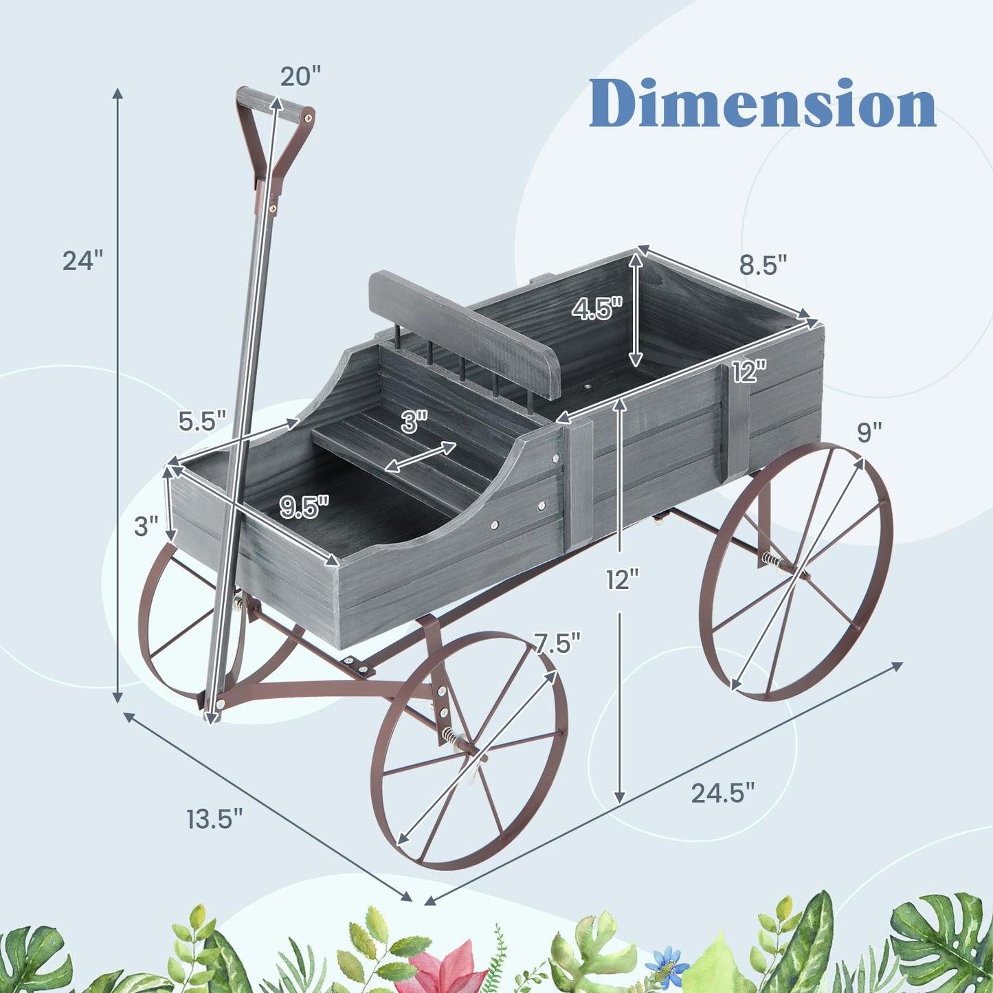 Giantex Decorative Garden Planter, Small Wagon Cart with Metal Wheels, Wood Raised Beds Plant Pot Stand for Backyard Garden Patio 24.5”Lx13.5”Wx24”H (Gray)