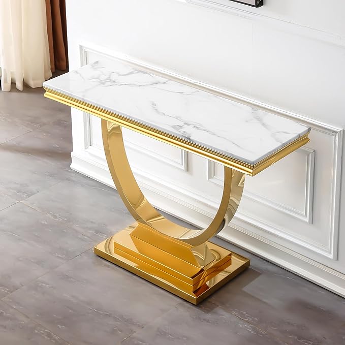 Henf 47" Marble Console Table Modern White Faux Marble Entryway Table
