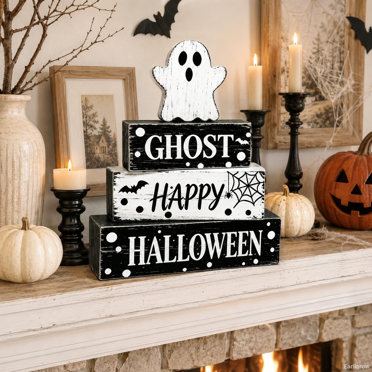 4 Pcs Ghost Halloween Decor Rustic Black and White Polka Dot Wooden Tiered Tray Block Signs Farmhouse Spooky Halloween Table Centerpiece Decor for Home Kitchen Shelf Coffee Bar