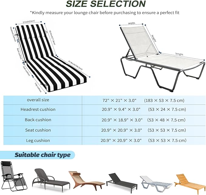2 Pcs Outdoor Chaise Lounge Cushion 72" x 21" x 3", Folding Patio Lounge Chair