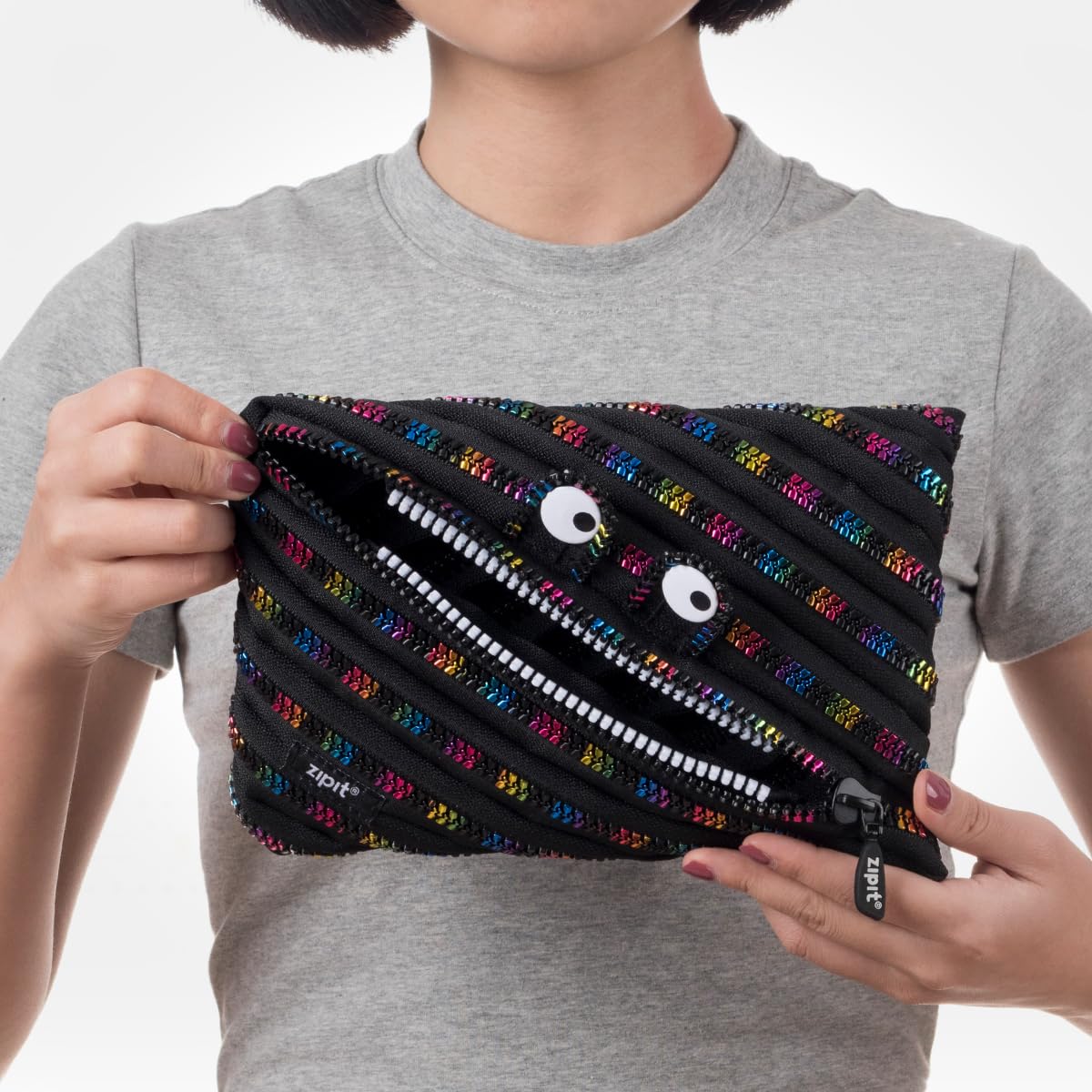ZIPIT Monster Large Pencil Case for Kids | Pencil Pouch for School, College and Office | Pencil Bag for Boys & Girls (Black & Rainbow)