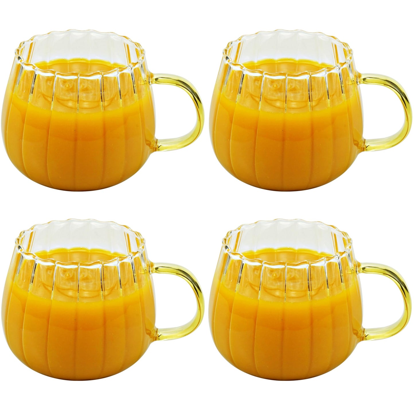 LUATSDAR Halloween Pumpkin Mugs 12 oz Glass Coffee Mugs Set of 4, Drinking Glasses with Yellow Handle, Clear Glass Cups for Hot or Cold Drinks like Cappuccino, Latte, Cocoa, Milk, Tea