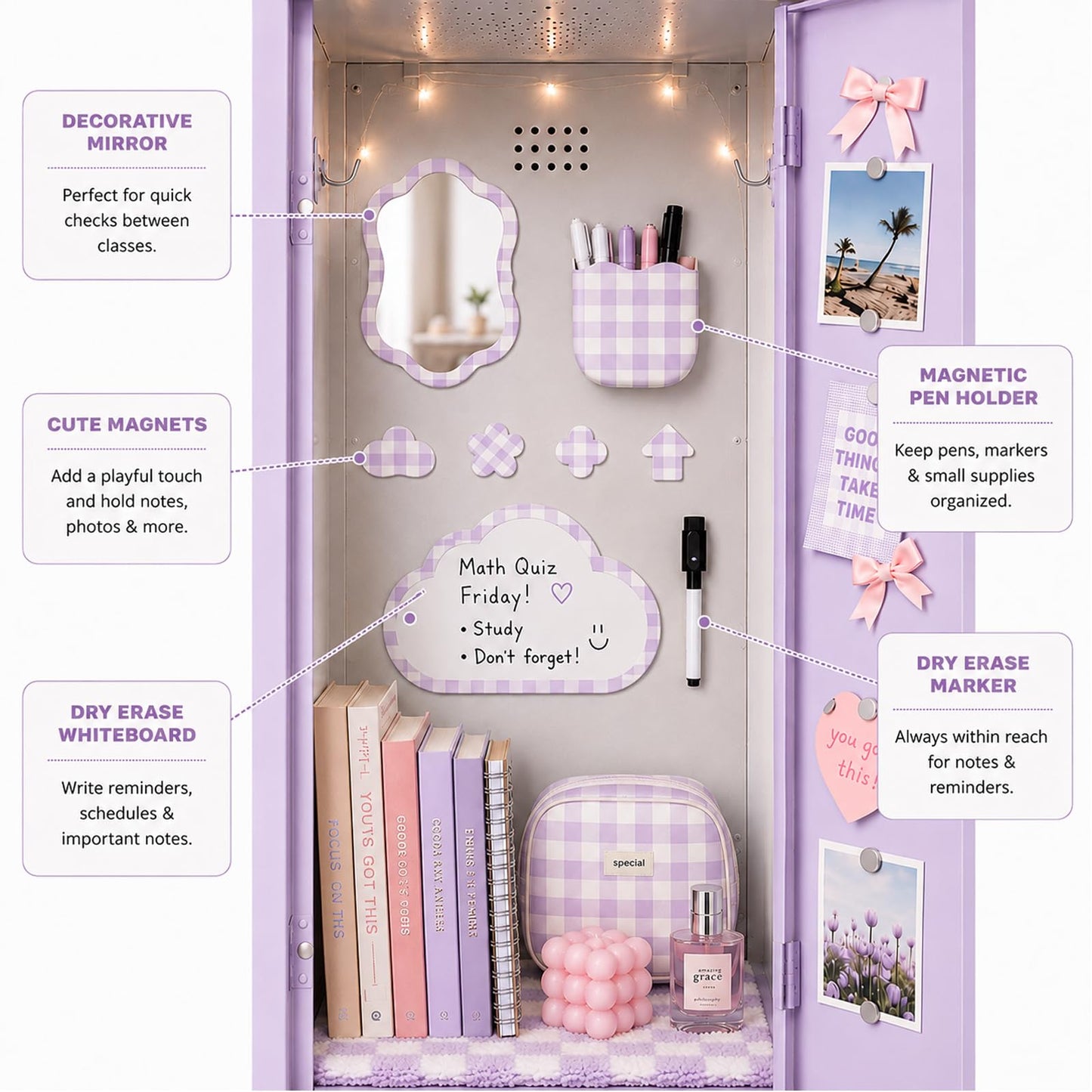 Svartur Magnetic Locker Accessories Set - Locker Mirror, Dry Erase Whiteboard, Magnetic Pen Holder & Cute Magnets, Aesthetic School Locker Decor for Girls, Locker Organizer Kit, Purple