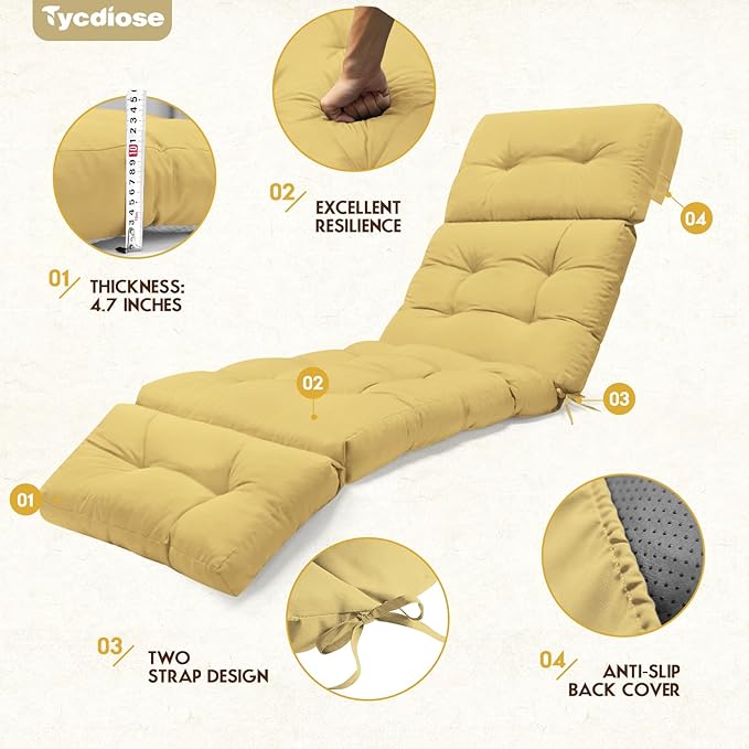 Outdoor Chaise Lounge Chair Cushion 74.4 x 22 x 4.7 Inches Memory Foam Lounge