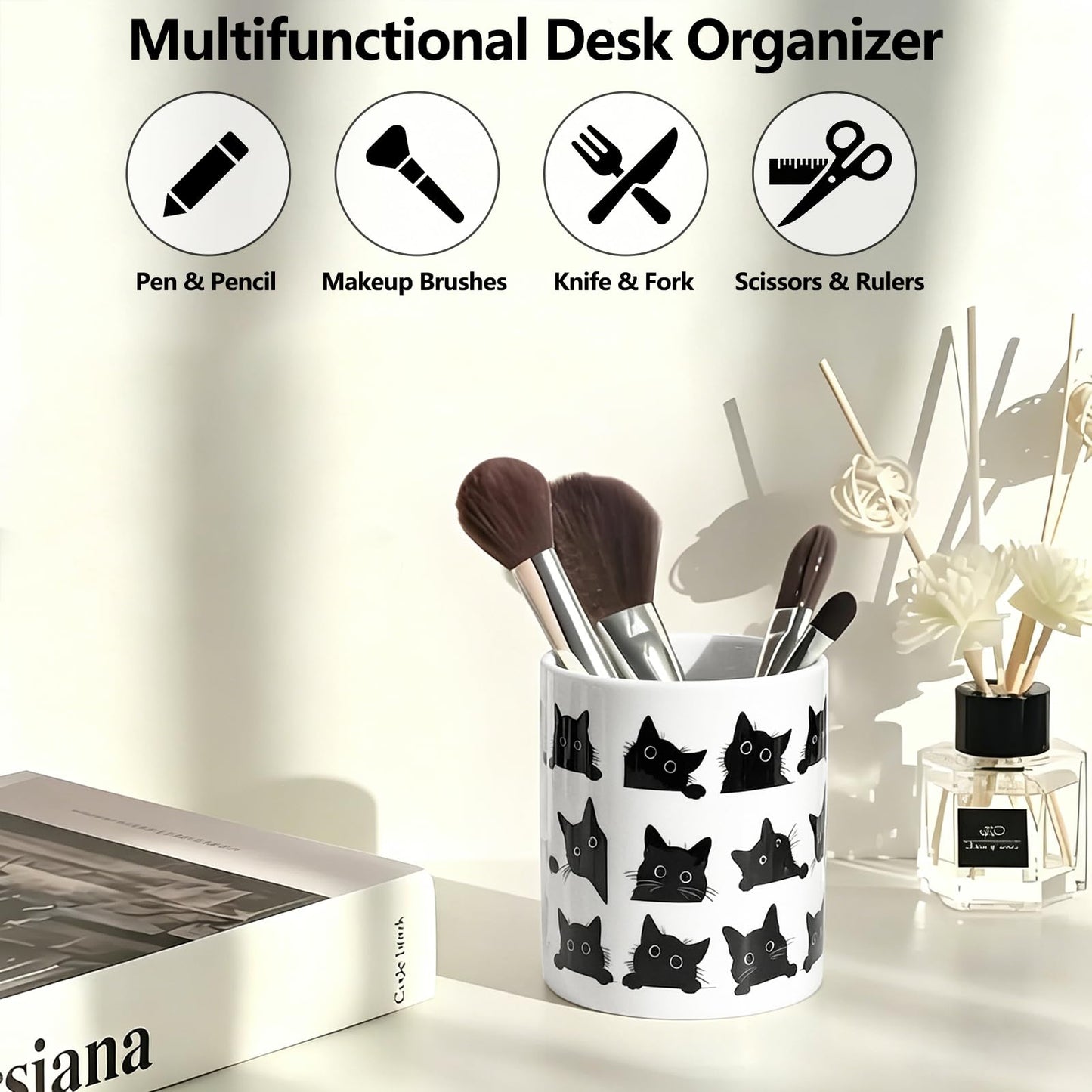 vnbsdwi Ceramic Pencil Holder for Desk Cute Pen Holder Black Cat Pencil Cup Pot Desk Organizer Large Capacity Ceramic Makeup Brush Holders Multifunctional Office Supplies for Home School