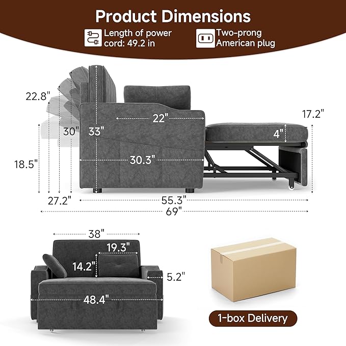 Loveseat Sleeper Sofa, 3-in-1 Convertible Sofa Bed, Pull Out Couch