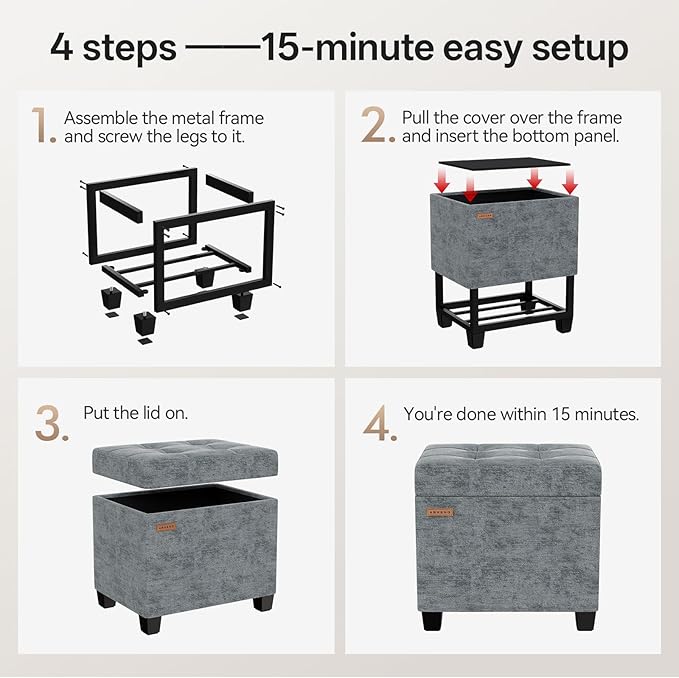 ABHENG Chenille Metal Framed Storage Ottoman, 12.2" D x 16.1" W x 17.7" H