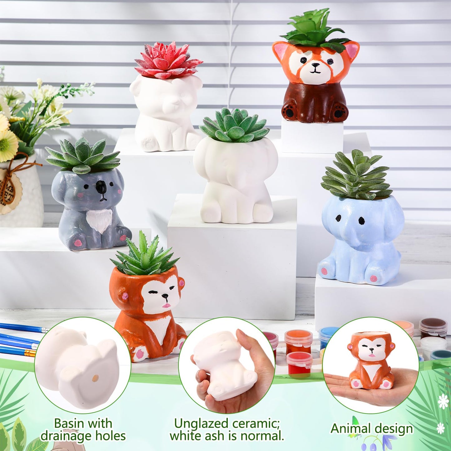 Leitee 18 Pcs Paint Your Own Ceramic Pot Bulk 2.95 in Spring Succulent Pots Ready to Paint Small Pot Mini Succulent Planters Pottery Painting for Spring Easter Mother's Day Craft(Cute Animals)