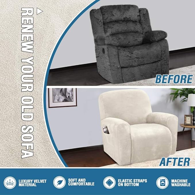 H.VERSAILTEX Velvet Stretch Recliner Couch Covers 4-Pieces Style Recliner Chair