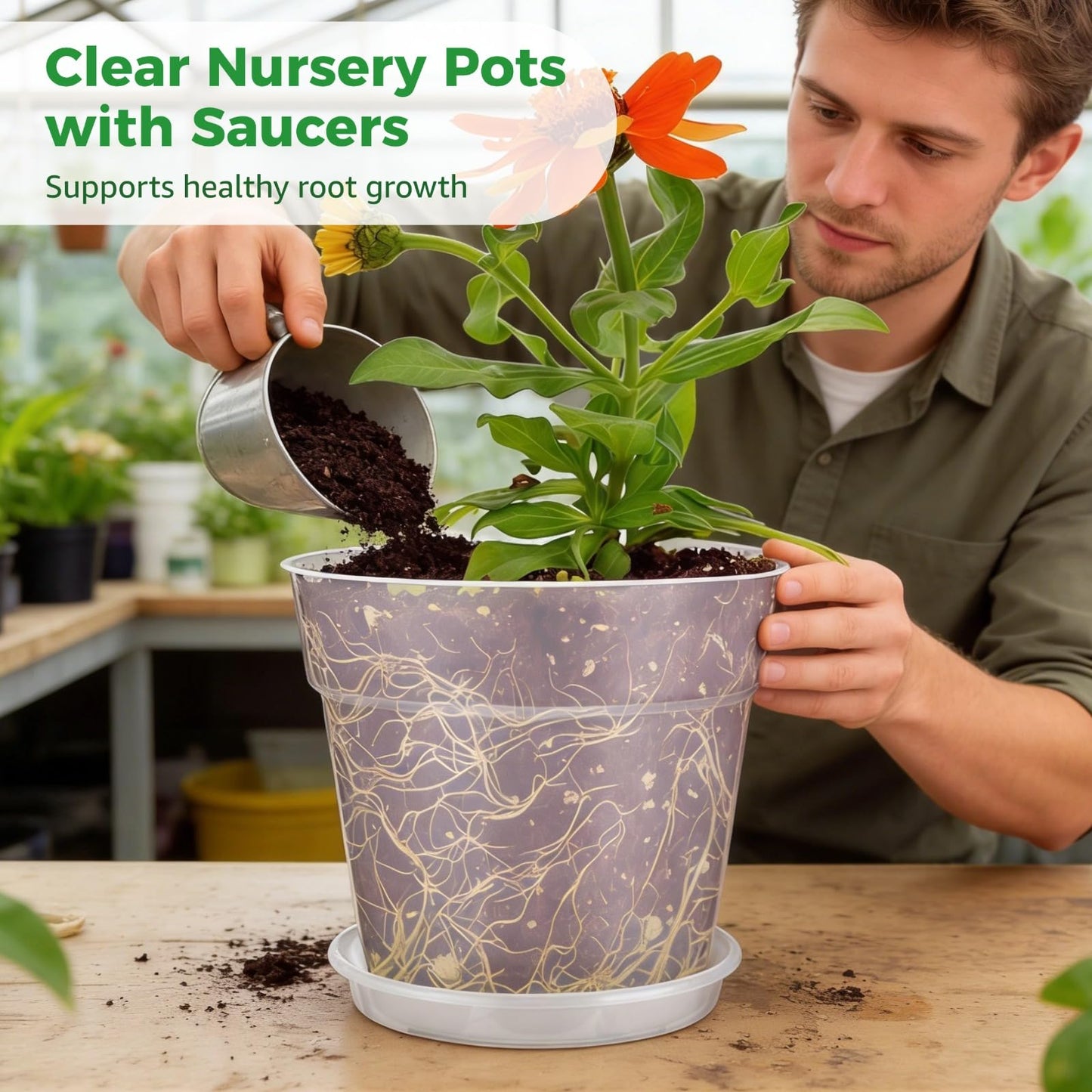 Skdqiee 3 Pcs Clear Nursery Pots Set with Saucers, 11.8 in Plastic Orchid Pots, Large Plant Pot with Drainage Holes, 3.7 Gallon Capacity for Orchids and House Plants