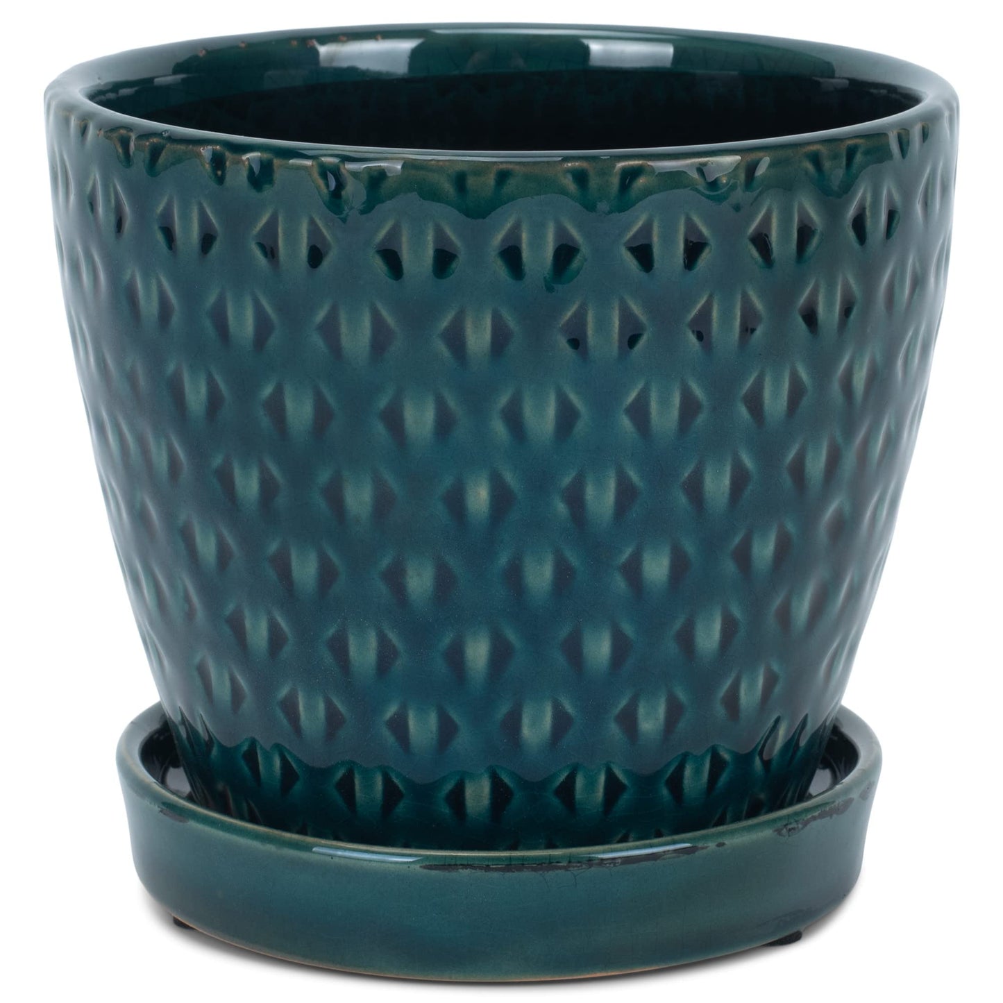 Napco Geometric Triangle 4.75 x 5.5 Inch Teal Green Ceramic Flower Pot Planter with Saucer