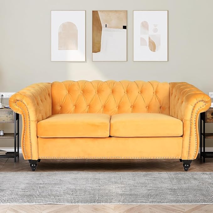 Mid-Century 2 Seater Sofa, Velvet Loveseat