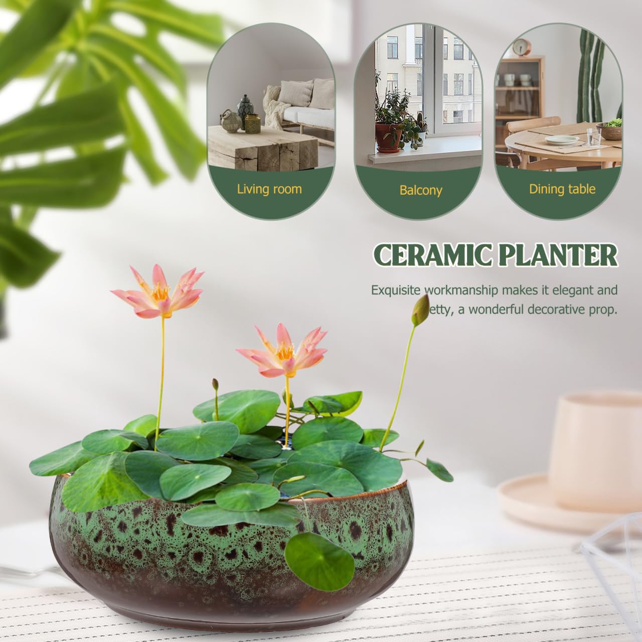 Yardwe Hydroponic Ceramic Flower Pot 6.3 Inch Non-Porous Planter for Succulent Water Lily Bonsai Decoration Home and Garden Plant Container