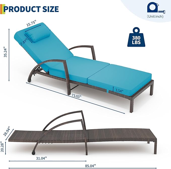 GarveeLife 2-Piece Rattan Patio Folding Chaise Lounge, 5-Position Adjustable