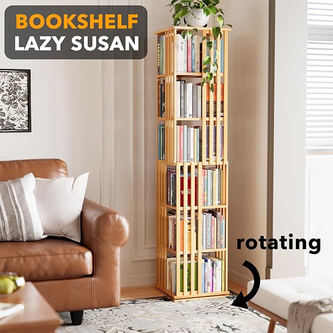SpaceAid 6 Tier Rotating Bookshelf Tower, Bamboo Spinning Book Shelf, Revolving