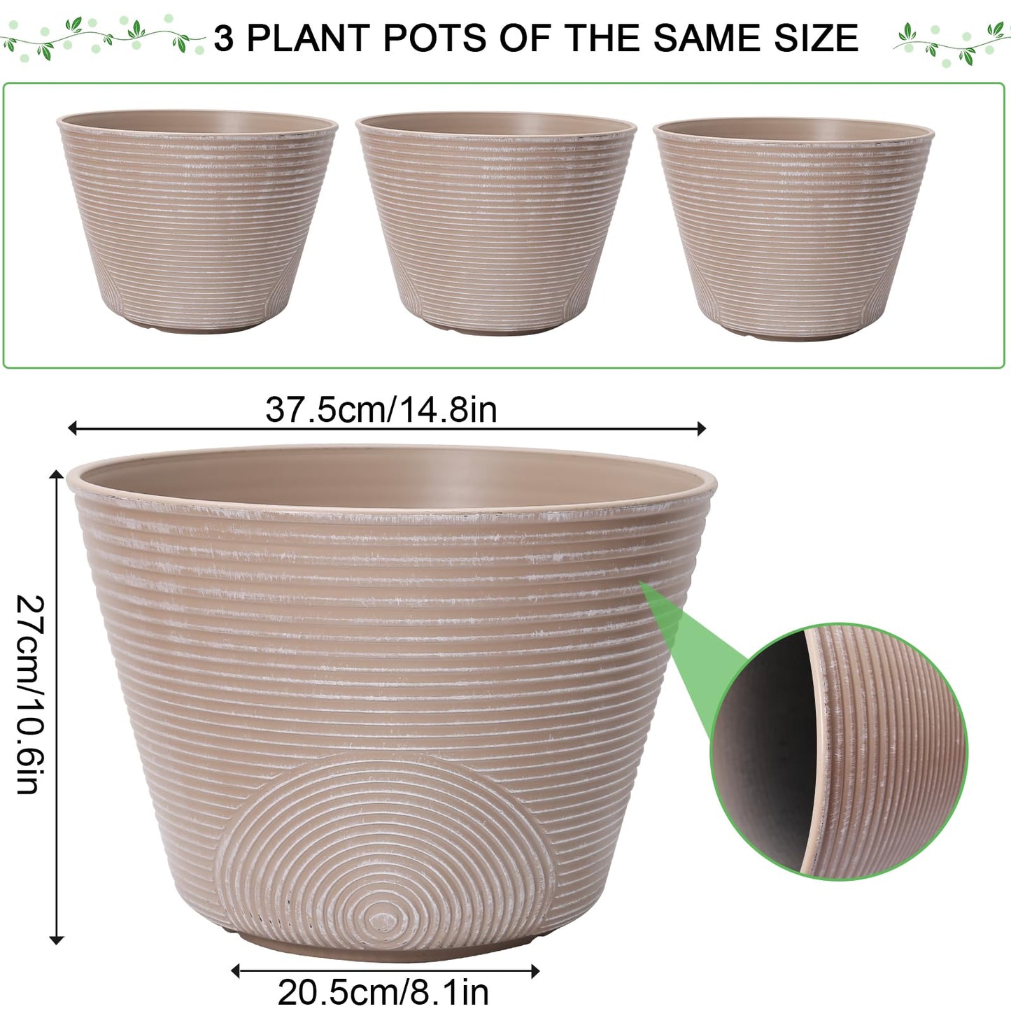 WEICHENGXING 15 inch Plant Pots, 3 Pack Large Round Planters for Outdoor Plants, Porch, Patio, Backyard, Plastic Flower Pots, Classic Garden Pot Container for House, Grey