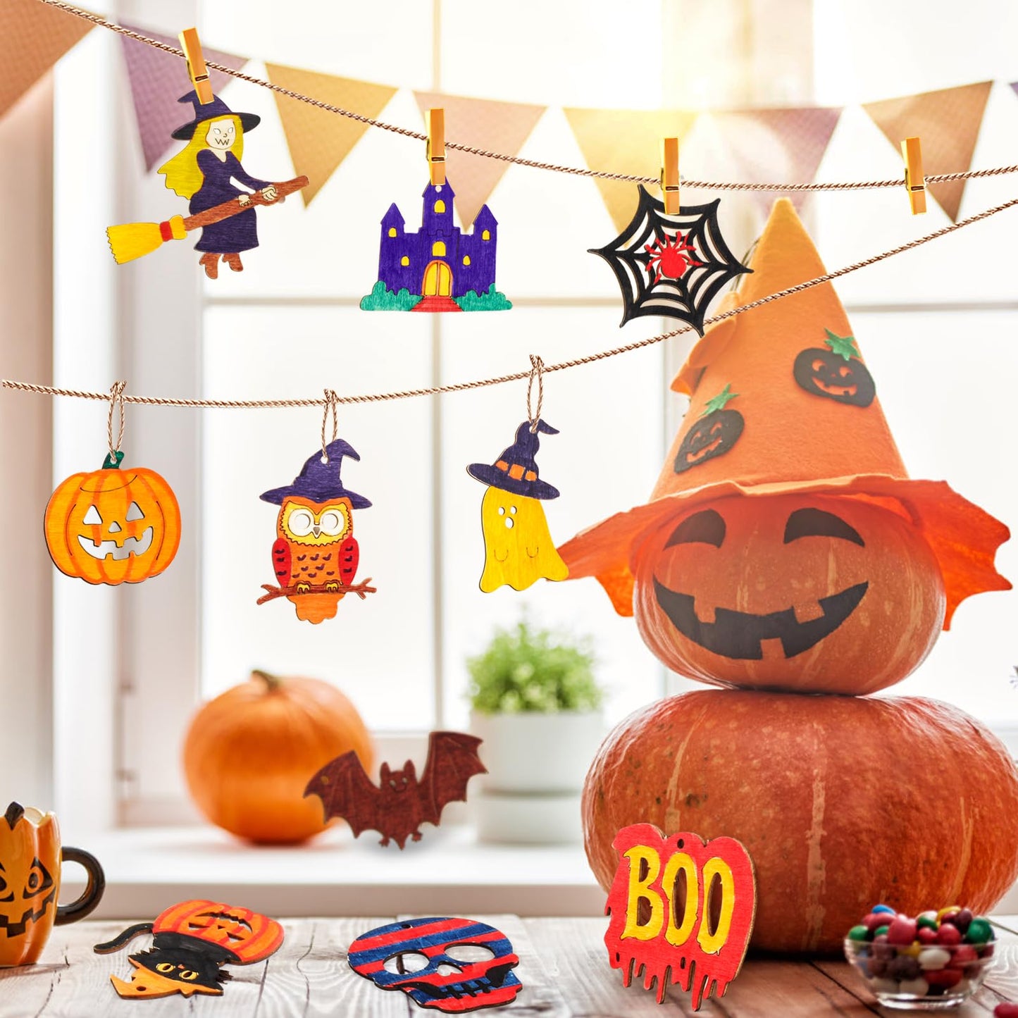 60PCS Halloween Wood Crafts for Kids, Unfinished Wooden Slices Cutouts Ornaments Bulk for Kids to Paint, DIY Halloween Painting Art Craft Activities for Hanging Decorations Gifts Pumpkin