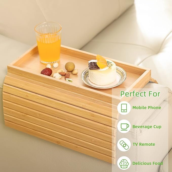 GEHE Bamboo Sofa Arm Tray, Foldable Couch Arm Tray Side Table, Anti-Falling