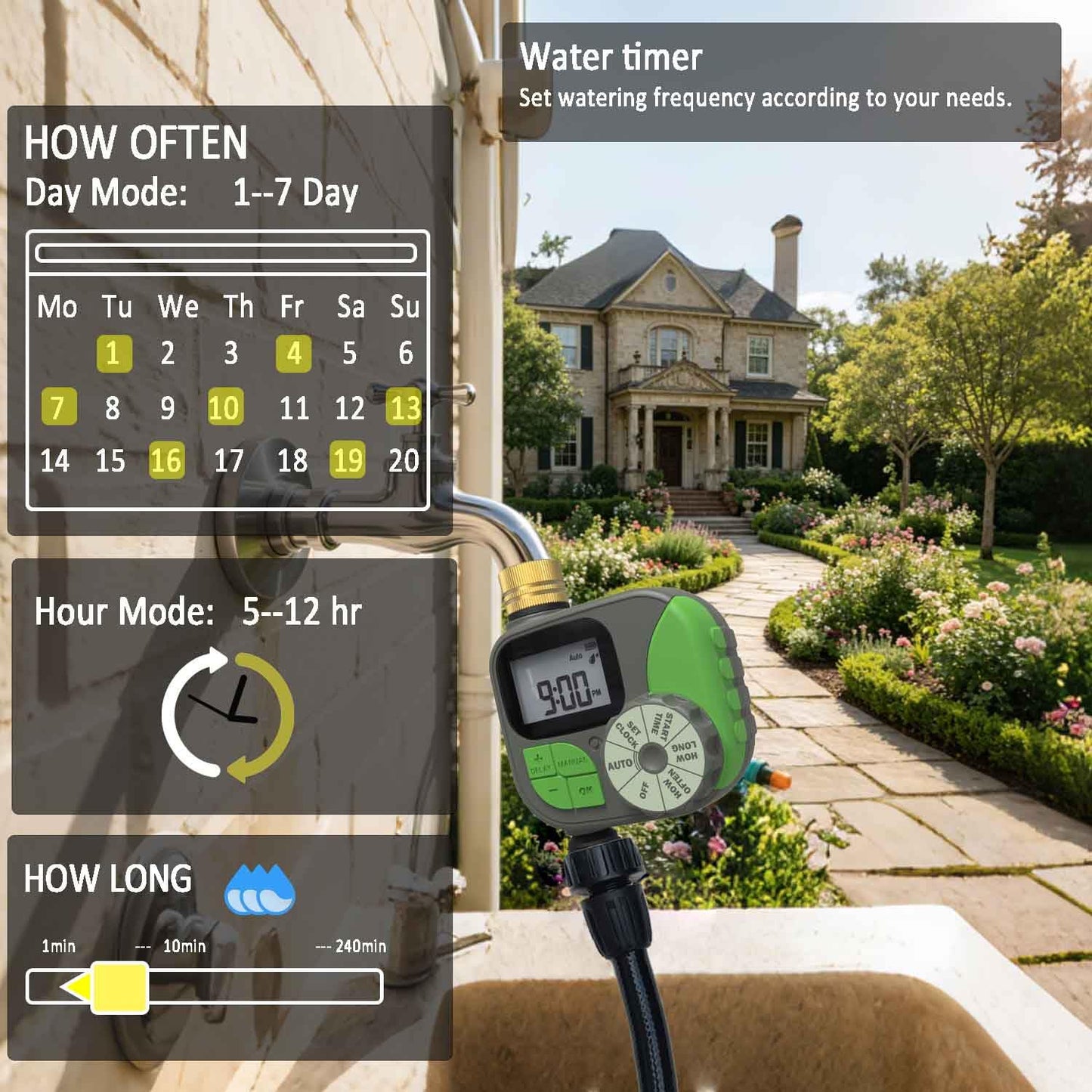 Drip Irrigation System with Water Timer for Garden,Main ID 1/2inch 16.5Ft and 1/4inch 96Ft Water Hose, Watering System Sufficient Water Pressure, Irrigation Dripper Waterflow Evenly Easy DIY Green