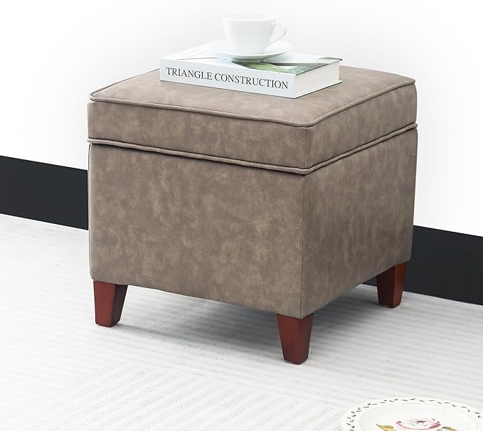 Adeco 17.5" Square Storage Ottoman, Faux Leather Flip Top Footstool & Coffee