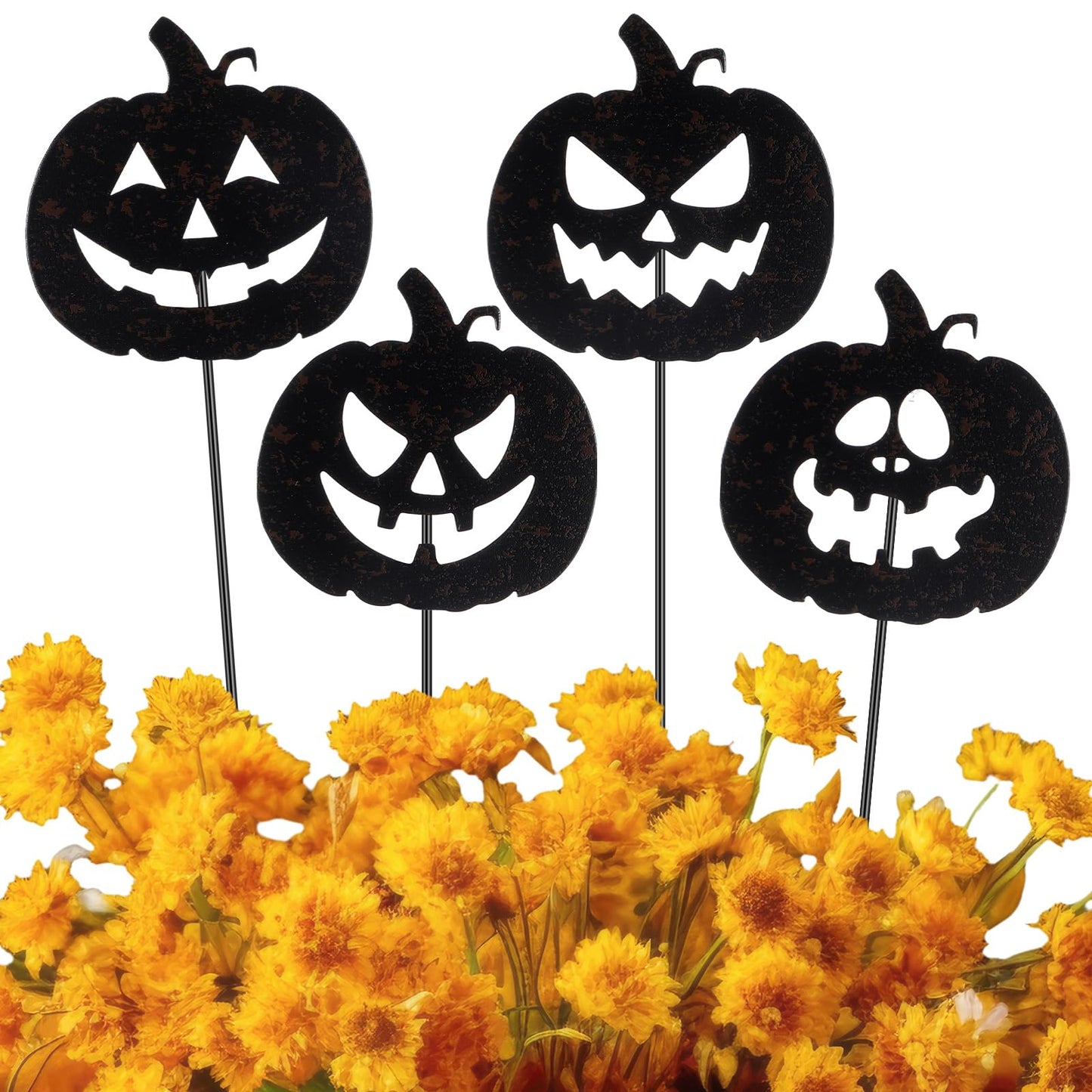 Chunful 4 Pcs Halloween Decorative Garden Stakes Jack O Pumpkin Garden Stakes for Flower Planter Pot Outdoor Metal Yard Sign Day of The Dead Decorations Halloween Patio Lawn Decor