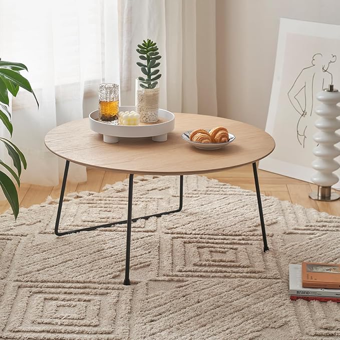 Modern Round Coffee Table 32 in, Acacia Wood Finish Living Room Table