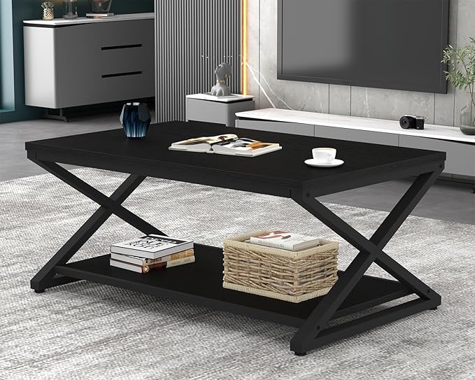 HSH Black Modern Minimalist Metal Wood Living Room Table