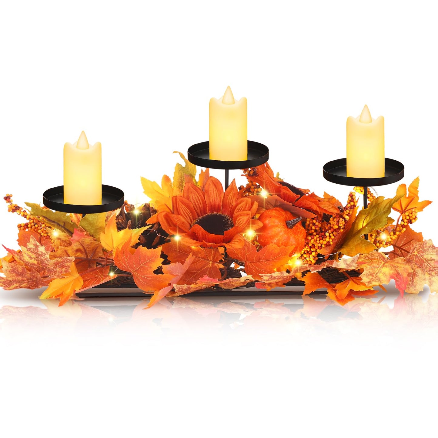 meekoo Fall Centerpiece Thanksgiving Table Decoration 3 Candle Holders Fall Harvest Decor with 3 LED Candles Autumn Pumpkin Maple Leaves Sunflower Centerpiece for Kitchen Fireplace Mantel