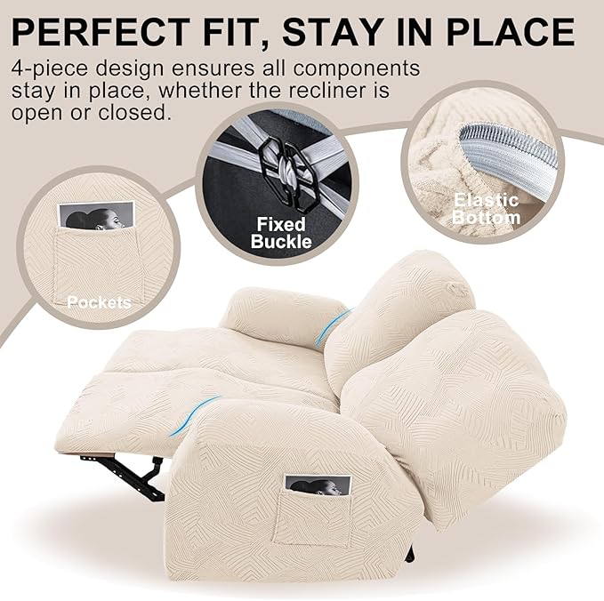 Recliner Loveseat Covers, 4-Piece Stretch Geometric Strokes Jacquard Reclining