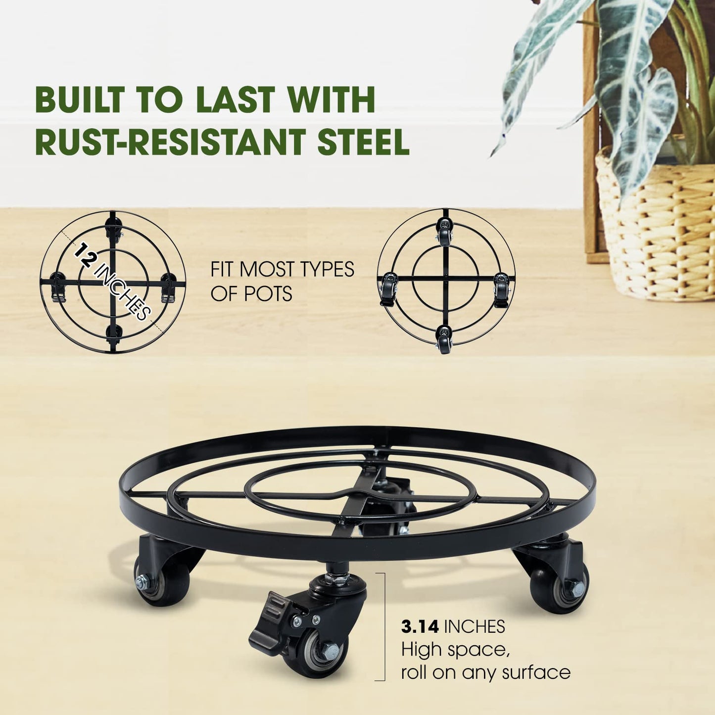 Idzo Round Heavy Duty Plant Caddy with Wheels, Cast Iron Plant Dolly, Plant Stand with Wheels, Load Capacity 180 Lbs, Repositioning Heavy Pots, Hauling Heavy Household Items, 12 Inch - Black
