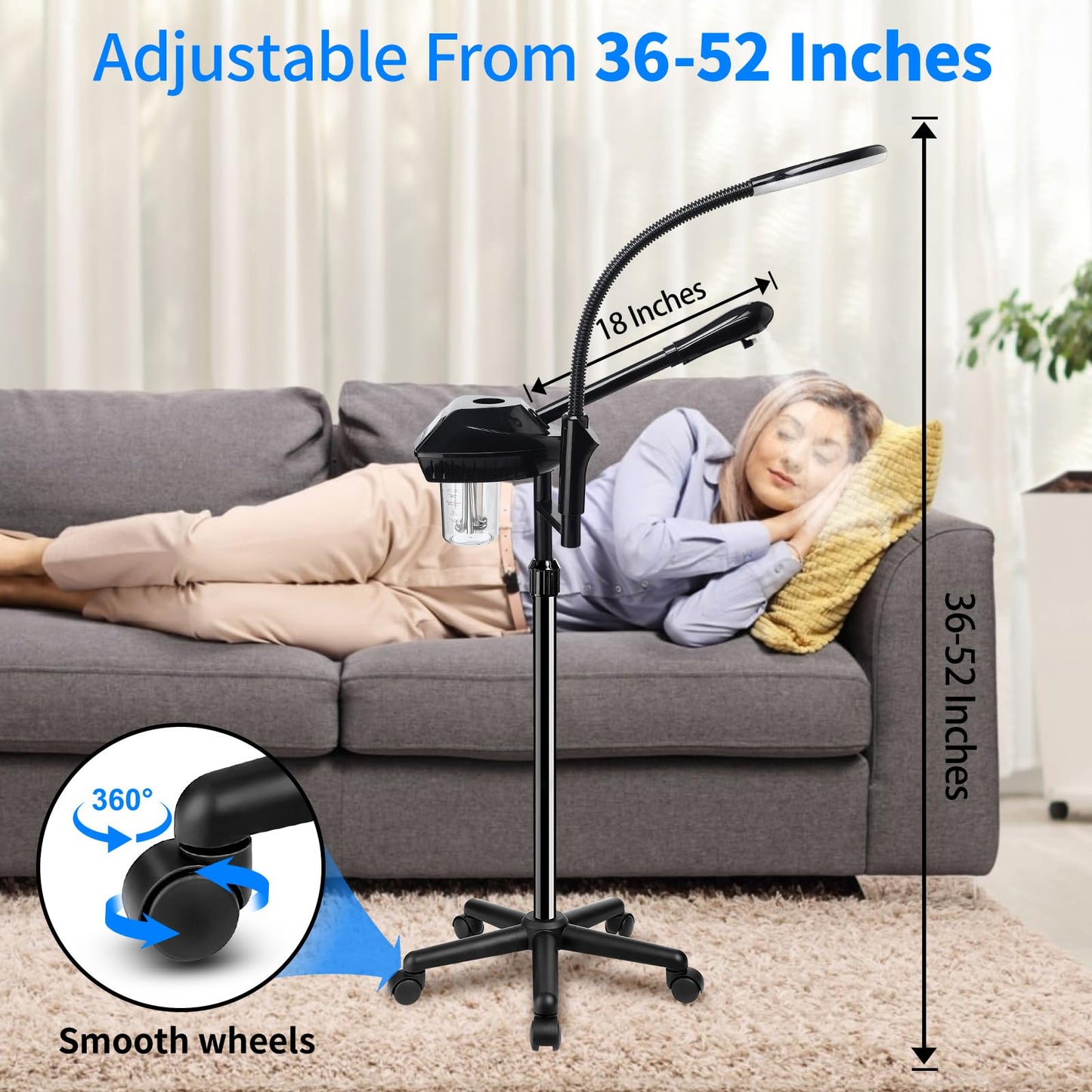Professional Facial Steamer on Wheels, Facial Steamer for Facial Deep Cleaning, Facial Humidifier for Spa, Adjustable Height for Spa, Salon and at Home Use
