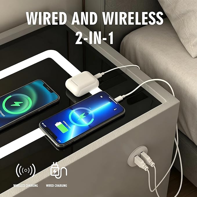 Smart Nightstand with Fingerprint Lock Drawers, Wireless Charging Support