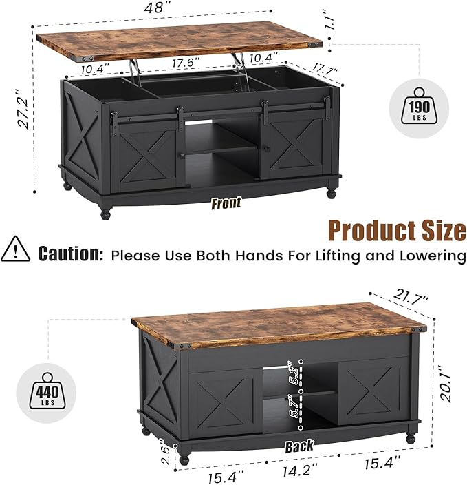 ALLSTAND 48" Farmhouse Lift Top Coffee Table