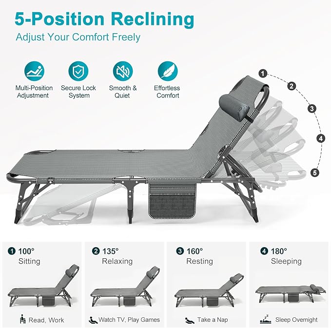ABORON 2PK Heavy Duty Tanning Chair, 5-Gear Outdoor Folding Chaise Lounge Chair