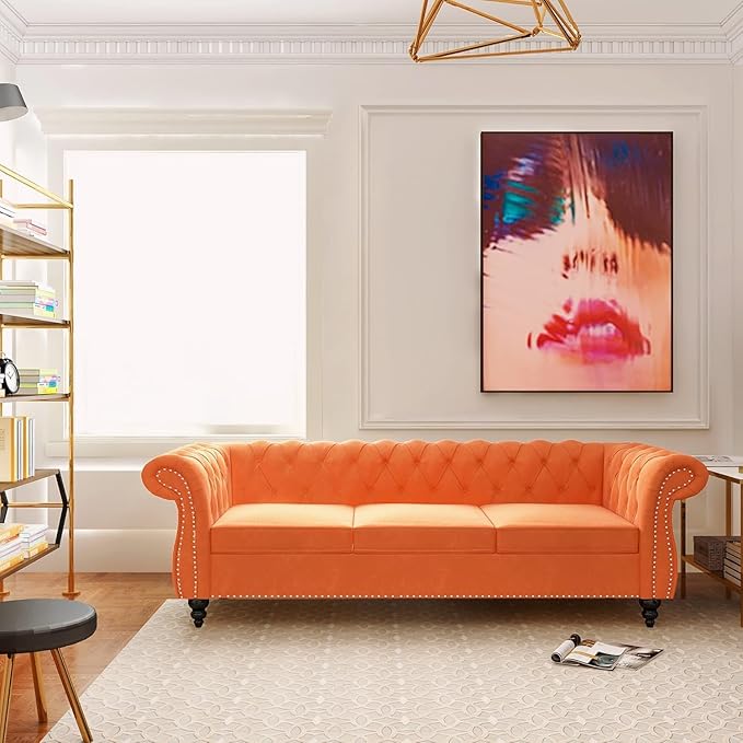 Mid-Century 3 Seater Sofa, Velvet Couch