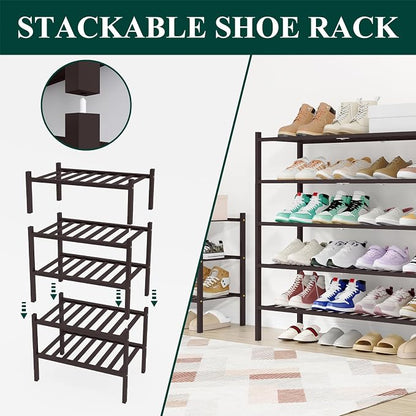 Smiry Long Bamboo Shoe Rack, 5 Tier Free Standing Wooden Shoe Organizer, Stackable Wood Shoe Storage Shelf for Closet, Entryway, 12 Vertical Slats, 2+2+1 Stack Standard Legs, 33.7"x11"x32.5", Brown