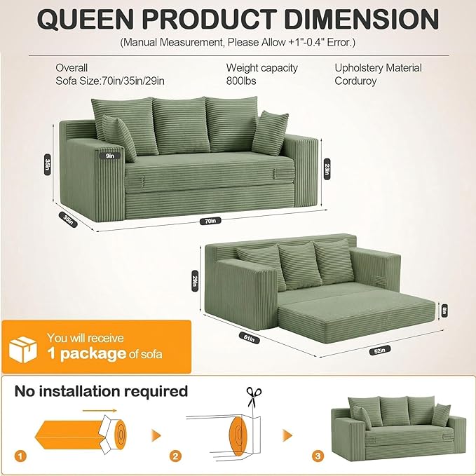 Oversize Loveseat Boneless Convertible Sofa Bed, Folding Floor Futon Sleeper