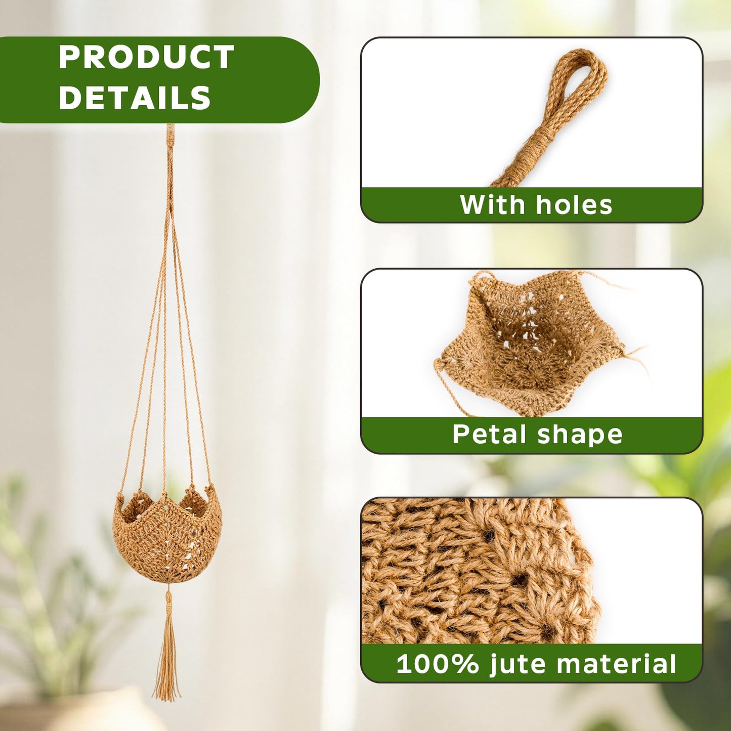 VZZNN 6 Pack Hand-Woven Macrame Plant Hanger - Hanging Plant Holder with 12 Hooks for Indoor Green Plant Hanging and Bohemian Style Home Decor (Brown)