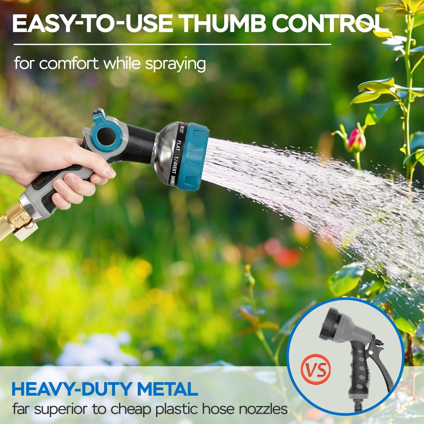 Heavy Duty Garden Hose Nozzle - 10 Spray Patterns, Thumb Control Water Pressure, Semi-Metal Construction Ergonomic Anti-Slip Handle, hose nozzle for Watering Plants, Car Wash, Pet Shower