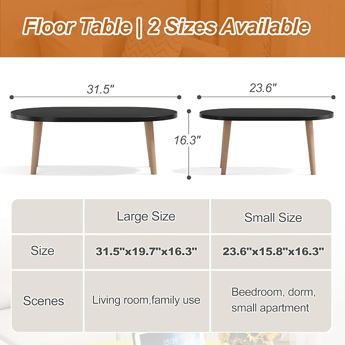 Coffee Table Low Table with Solid Wood Legs, 31.5x19.7 Large Coffee Table Side Table, Floor Table Desk for Sitting on The Floor, Living Room Furniture for Office Apartment Home, Oval Black