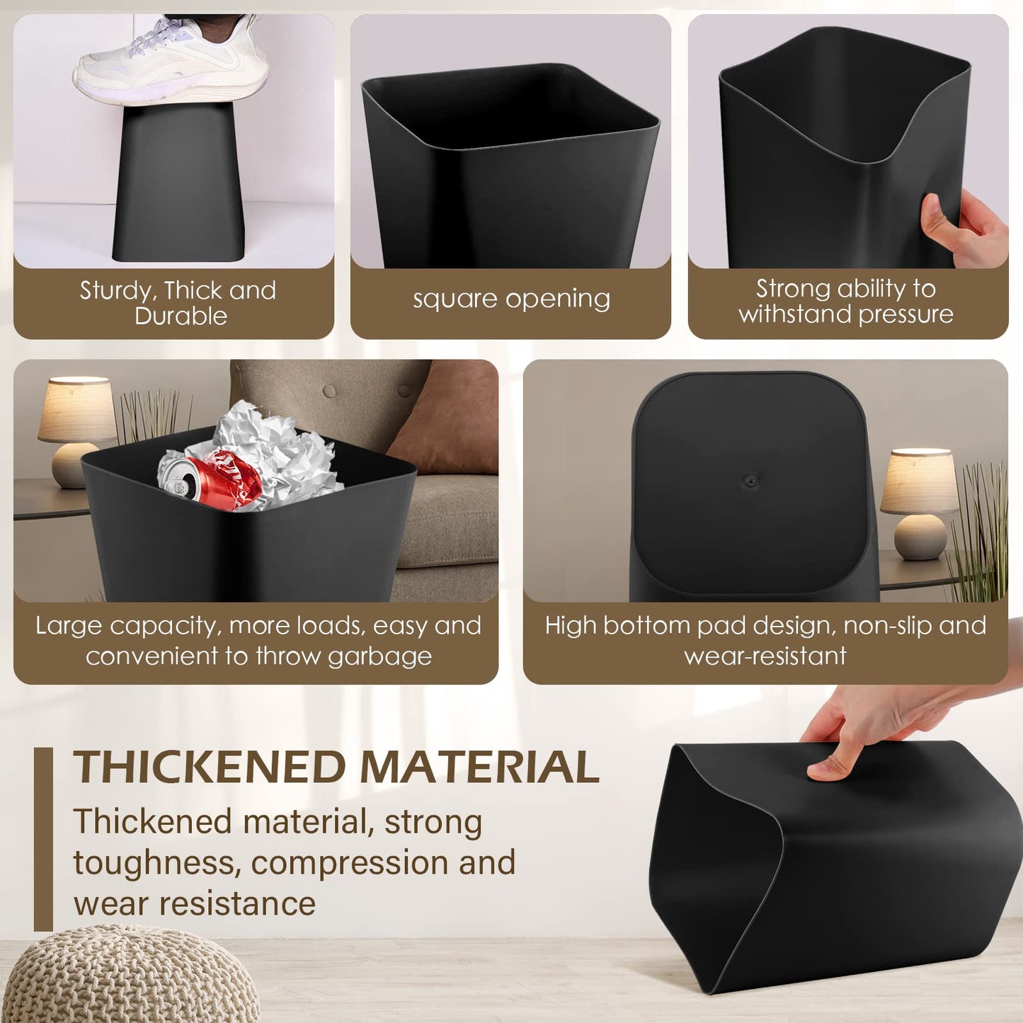 Hoolerry 9 Pieces Garbage Can 2 Gallon Small Trash Cans Bulk Bathroom Trash Bin Plastic Wastebasket Square for Bedroom Slim Bathroom Trashcan Small Container for Kitchen Office Home Rooms(Black)