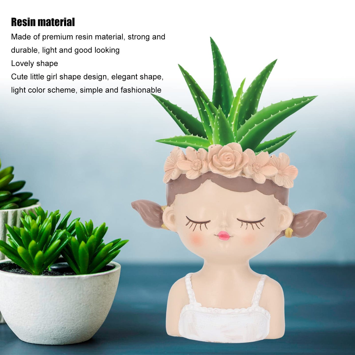 Girl Flower Pot Cute Shape Resin Face Planter Pot Face Planters Pots Head with Drainage Hole for Succulents Cactus Indoor Outdoor Decoration