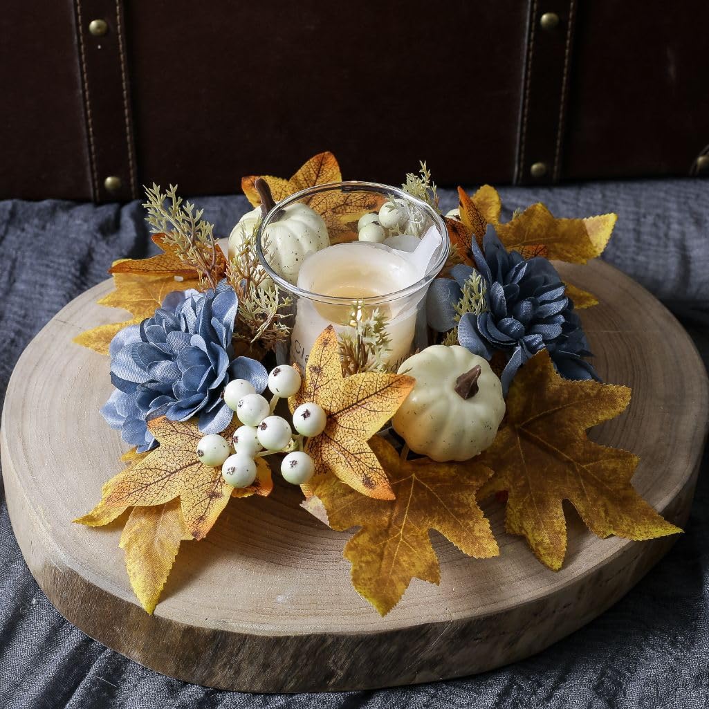 Thanksgiving Fall Candle Ring Holder Artificial Pumpkin Berries Maple Leaves Dahlia Flowers Candle Ring Wreath for Autumn Wedding Harvest Table Centerpiece Decor Supplies (Blue)